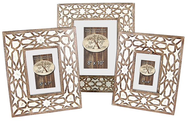 Mango Wood Set Of 3 Photo Frames Burnt White Finish Star Design
